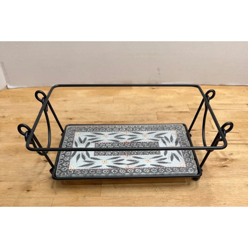 Temp-Tations Old World Wrought Iron Casserole Carrier Stand Black Glass Base